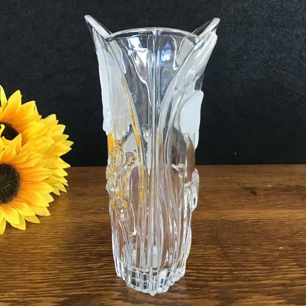 New Block Crystal Vase Butterfly Flowers Glass Hand Crafted Poland